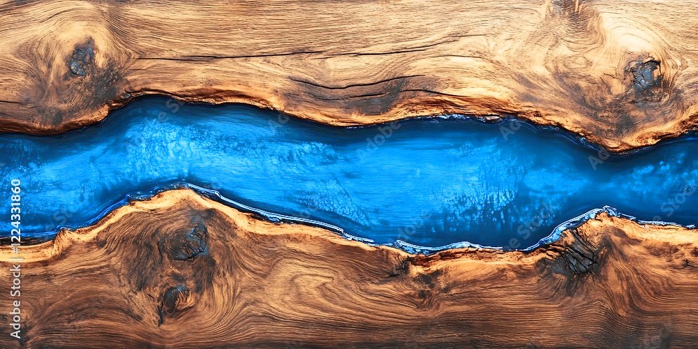 Aufsicht auf einen River Table: blaues Epoxidharz zwischen zwei Holzplatten mit natürlicher Maserung