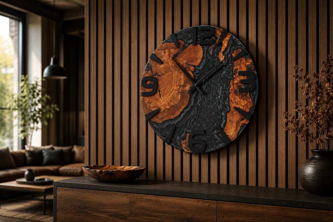 Wanduhr aus Holz und schwarzem Epoxidharz an einer Holzlamellenwand